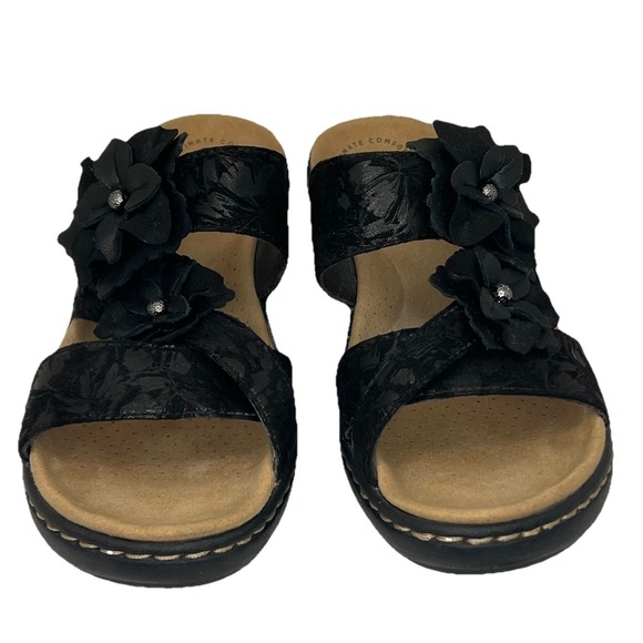 Clarks Collection Womens 6 Black Floral Wedge Sandals Ultimate Comfort Hook Loop - Picture 2 of 8